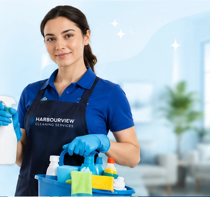 Harbourview Cleaning professional with cleaning supplies
